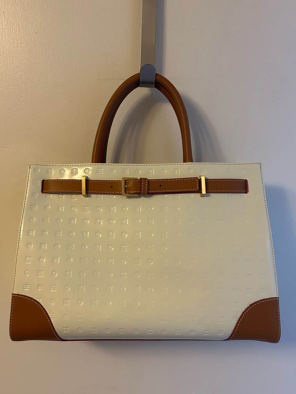 Arcadia White and Tan Patent Leather Structured Satchel with Belt Accent